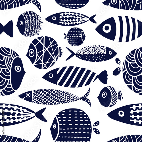 Seamless pattern of cute fish. Vector. Kids Can be used in textile industry, paper, background, scrapbooking.