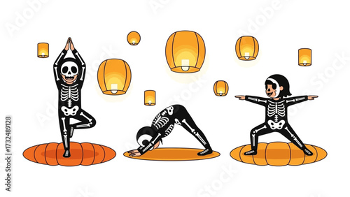 Halloween Yoga Practice: Spooky figures in skeleton costumes practicing yoga poses, with floating lanterns, in a cute, playful illustration.