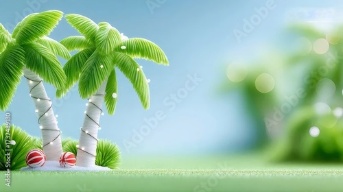 ライトブルーの背景に緑の草と装飾されたココナッツの木