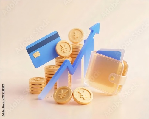 グラフとコインとカードと財布のベージュ背景