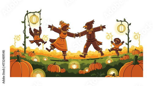 Festive Scarecrow Family Gathering: Delightful illustration depicts a joyful scarecrow family celebrating autumn amidst pumpkin patch and glowing lanterns, perfect for celebrating harvest time.