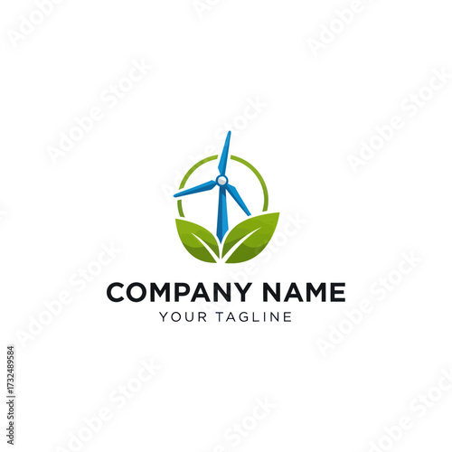 Modern Wind Turbine and Green Leaves Logo for Renewable Energy Company Branding, Flat Vector Elements, Vector Illustration, Simple Vector, Stylized Vector Drawing, Vector Template, Clean Vector