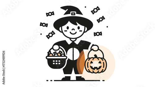 Trick-or-Treat Joy: A charming illustration showcases a child in a Halloween costume, clutching a pumpkin bucket and a basket overflowing with treats, embodying the spirit of festive fun.