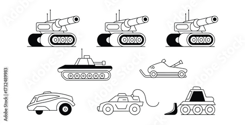 Collection of Modern and Futuristic Line Art Vehicles and Machinery Icons