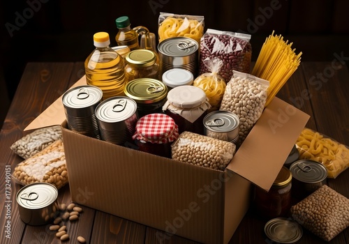 Cardboard box overflowing with assorted pantry staples including pasta, canned goods, grains, and cooking oil, ideal for food donation or grocery concepts.

