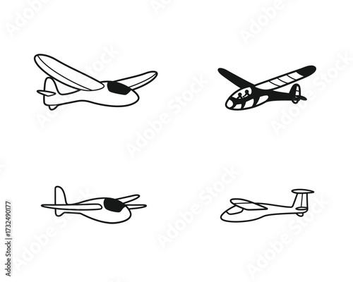 Four simple hand drawn outline illustrations of vintage gliders and small airplanes in a clean white background composition
