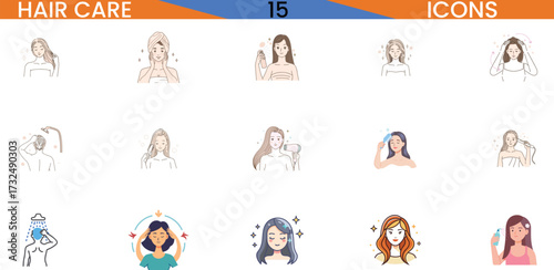 Diverse hair care icons set representing various hair treatments and styles vector