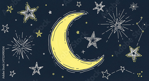 Hand drawn crescent moon and stars on dark night sky