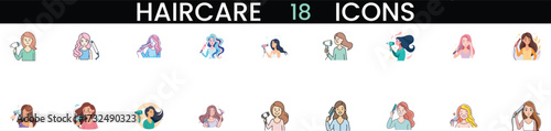 Collection of 18 haircare icons representing salon services and beauty treatments vector