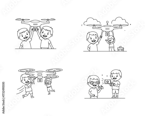 Four charming hand drawn cartoon illustrations depicting children interacting with technology and nature in playful scenarios