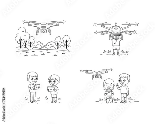 Four panel comic strip illustration showing a drone observing people and nature with a whimsical hand drawn sketchy artistic style
