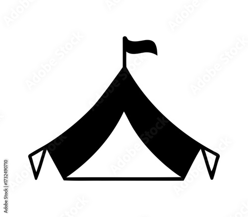 black silhouette of a circus tent with flag. black and white camping tent