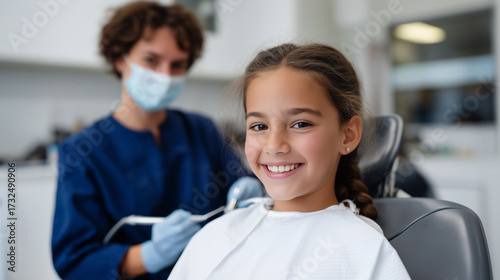 A young girl sitting in a dentistâs chair while a dentist polishes her teeth, highlighting modern pediatric dental care, compassion, and early prevention for lifelong healthy smile