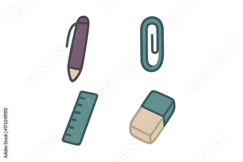Essential office and school supplies collection featuring a pen, paperclip, ruler, and eraser for various tasks