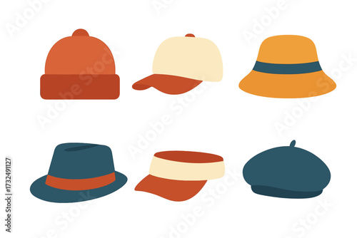 Collection of diverse headwear designs including hats, caps, and beanies for fashion and accessory concepts