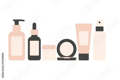 Assortment of cosmetic and skincare product containers including lotion, serum, cream, face powder, and spray bottles for beauty