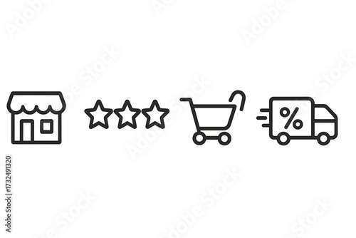 E-commerce business concept with online store, customer rating, shopping cart, and delivery truck icons representing digital retail
