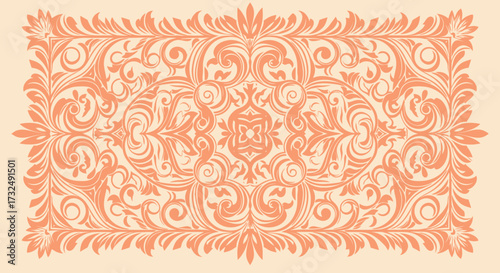 Symmetrical floral vector in peach hues, featuring swirling shapes and leafy details, on a neutral background