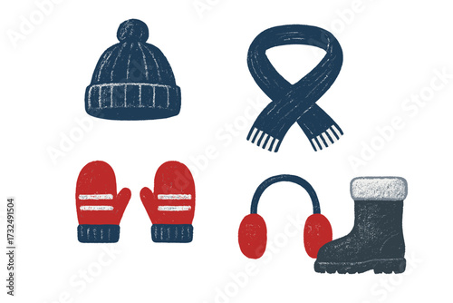 Collection of winter clothing items including a knitted hat, warm scarf, red mittens, earmuffs, and a sturdy boot