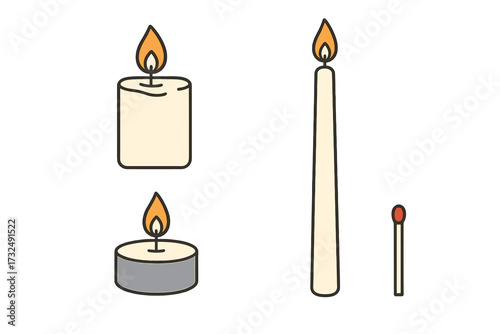 Burning candles in various forms including pillar, taper, and tea light alongside a single wooden match