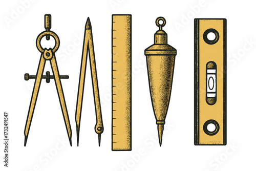 Collection of vintage drafting and measurement tools including compass, divider, ruler, plumb bob, and spirit level