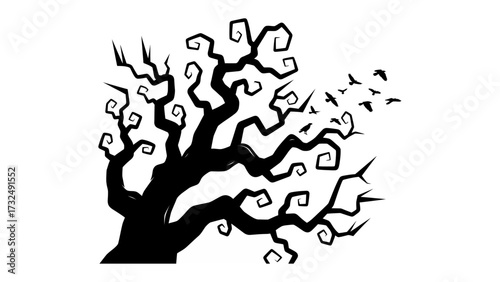 Spooky Silhouette Tree: A dark, ominous tree silhouette stands against an stark background, its gnarled branches reaching out, hinting at a haunting scene.