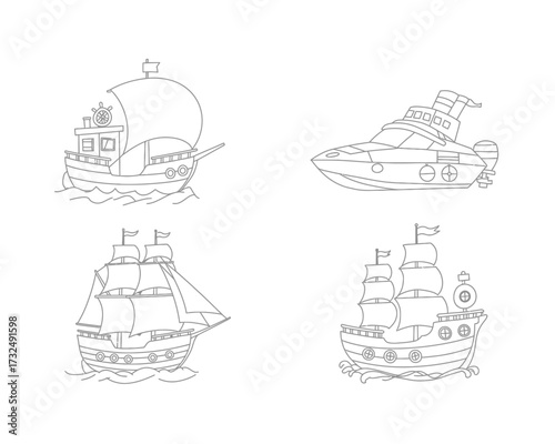 Collection of four hand drawn line art illustrations of different types of boats and ships sailing on water