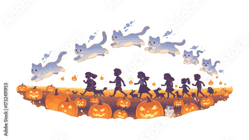 Halloween Parade with Pumpkins and cats: A vibrant illustration featuring silhouettes of children walking through a pumpkin patch, a whimsical scene of feline companions leaping above.