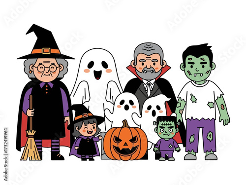 Happy Halloween Ensemble: A charming and lively illustration of Halloween characters, each ready to bring the holiday spirit, perfect for seasonal joy and thematic projects.