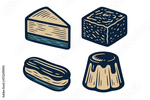 Stylized sweet dessert treats set including a slice of cake, square brownie, eclair, and pudding in a graphic woodcut style