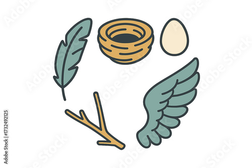 Circular arrangement of bird elements: nest, egg, feather, wing, twig, symbolizing nature and new life