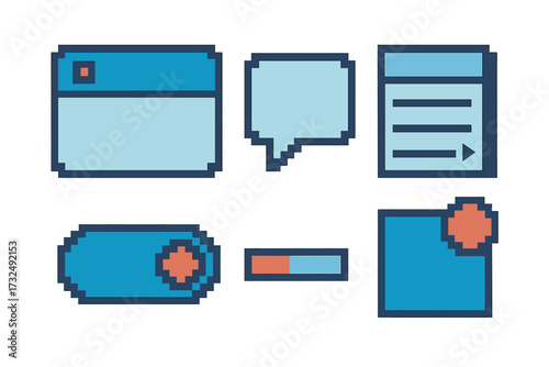 Set of pixelated user interface elements including windows, chat bubbles, toggles, progress bars, and notifications for digital design