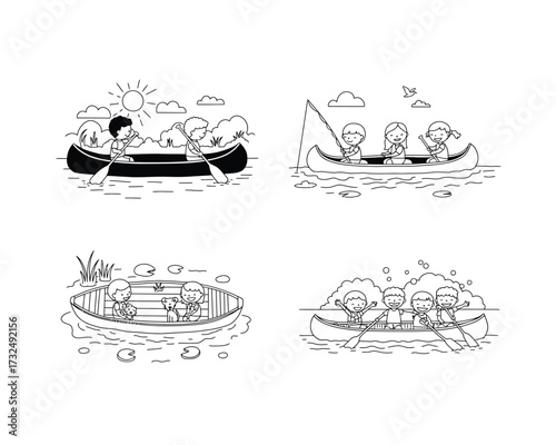 Four charming black and white line art illustrations depicting couples enjoying various activities on a boat in a serene natural setting