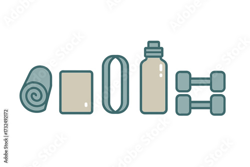 Essential fitness and workout equipment set with yoga mat, block, resistance band, water bottle, and dumbbells