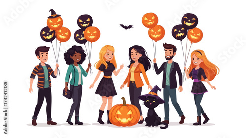 Halloween Gathering: Capturing the essence of a spirited Halloween gathering, with a diverse group of friends, adorned with festive balloons and surrounded by iconic Halloween symbols. 