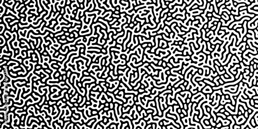 Fototapeta premium Abstract Turing organic wallpaper with background. Turing reaction diffusion monochrome seamless pattern with chaotic motion. Linear design with biological shapes. Reaction-diffusion or truing pattern
