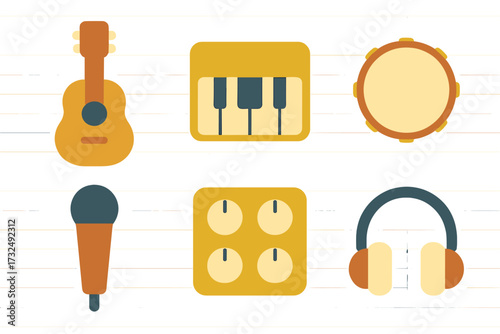 Modern flat design icons of musical instruments and audio equipment including guitar, piano, microphone, tambourine, and headphones