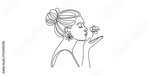 Elegant line art of woman blowing flower for beauty and wellness