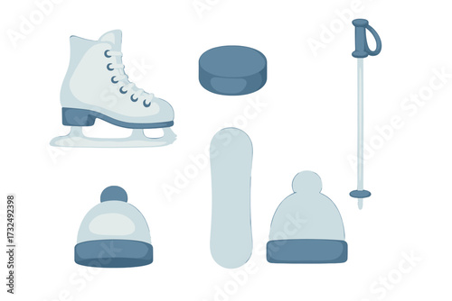 Winter sports equipment and accessories set with ice skate, hockey puck, snowboard, ski pole, and warm hats