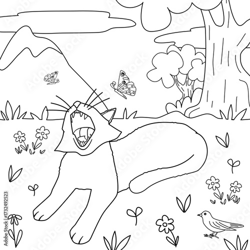cute hand drawn black and white cartoon character cat in the meadow with trees, daisy flowers, bird and flying butterflies peaceful landscape vector illustration for coloring art