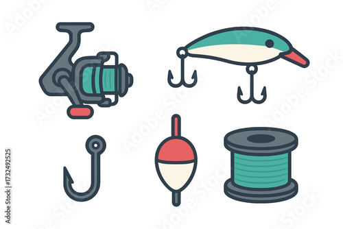 Diverse collection of fishing equipment and tackle essentials for recreational angling, including a reel, lure, hook, bobber, and line