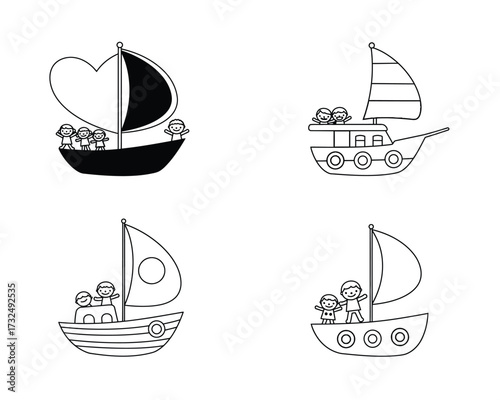 Four charming hand drawn black and white cartoon sailing ships with small figures on deck sailing across the sea