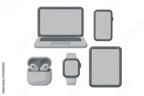 Modern electronic devices set including laptop, smartphone, tablet, wireless earbuds, and smartwatch for technology and communication