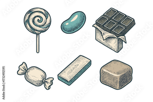 Variety of popular sweet treats and desserts like lollipop, chocolate bar, jelly bean, and caramel in a detailed vintage style