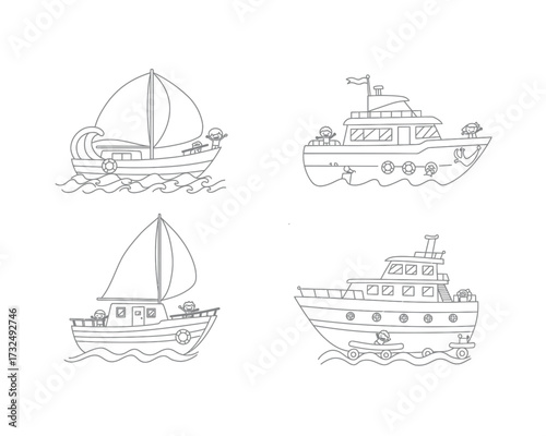 Collection of four hand drawn nautical vessels including sailboats and motorboats sailing on wavy water surface