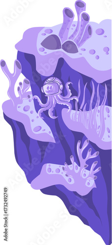 Versatile flat design vector  An octopus concealed within a purple coral wall and rock cliff, rendered in a soothing, uniform palette of purple shades to emphasize calm and natural camouflage.