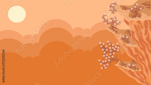 Simple vector landscape featuring an orange desert canyon with a cliff face and resilient white flora.