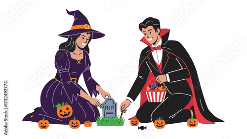 Halloween Festivities: A witch and a vampire share candy and decorate the grave with tombstones and pumpkin, celebrating spooky Halloween holiday in a joyful.