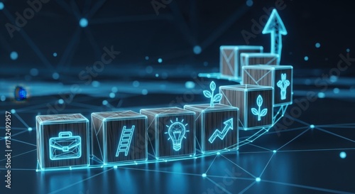 The concept of planning and growth shown by arranging blocks for a career journey.
