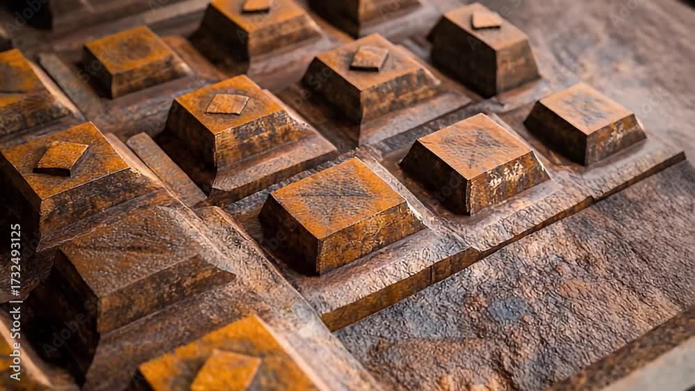 Textured Detailed Pattern Detailed, rusty brown geometric pattern of raised squares and pyramids ...